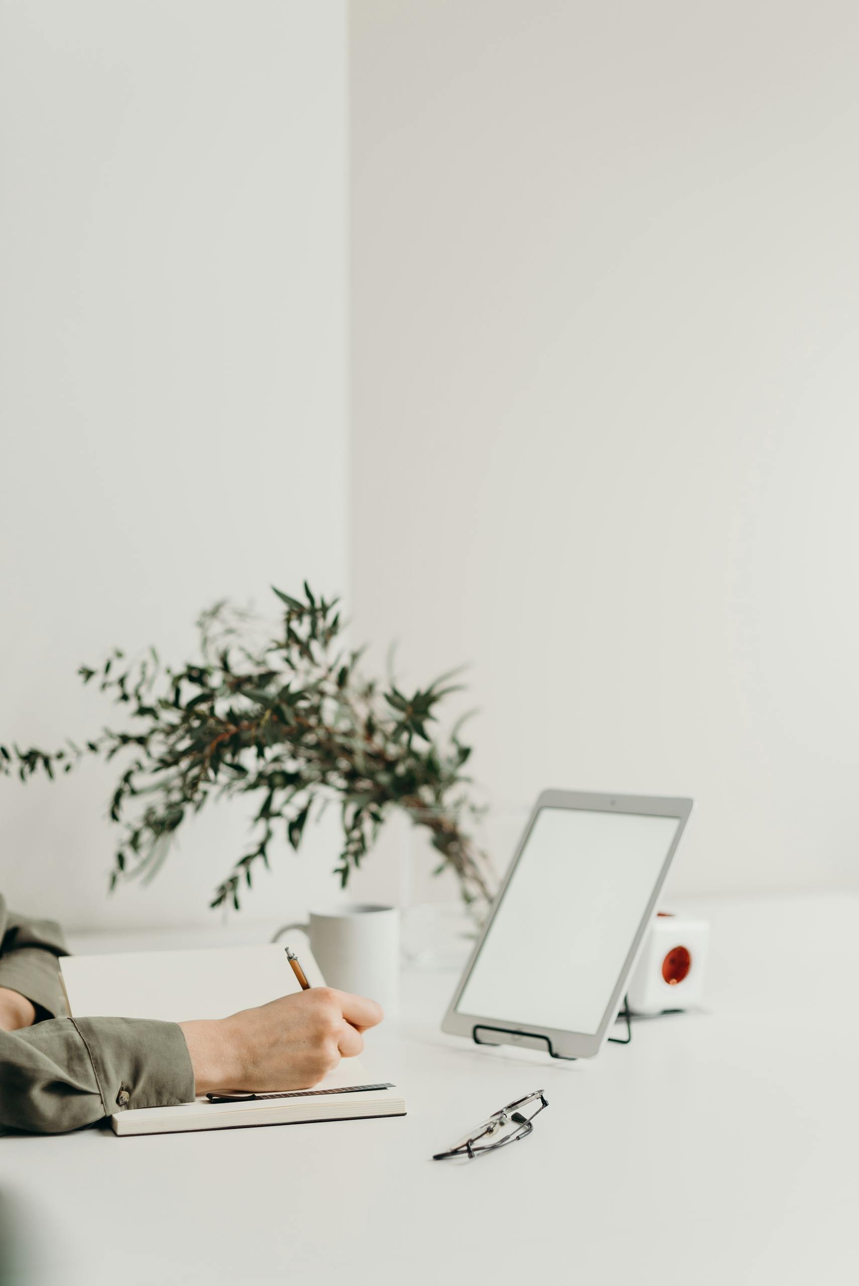 Minimalist home office setup with a tablet, notebook, and plant.